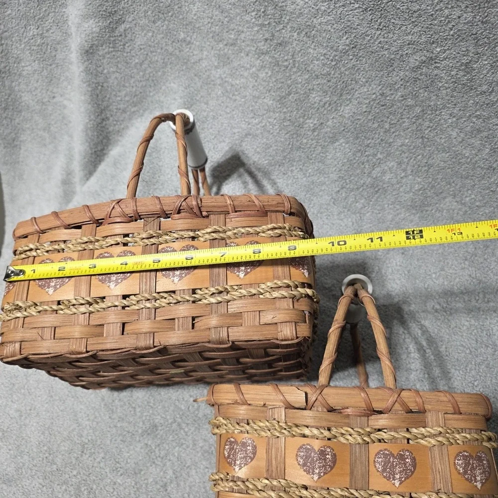 2 Vintage Cottagecore Wicker Baskets Heart Ceramic Handle Grandma Farmhouse